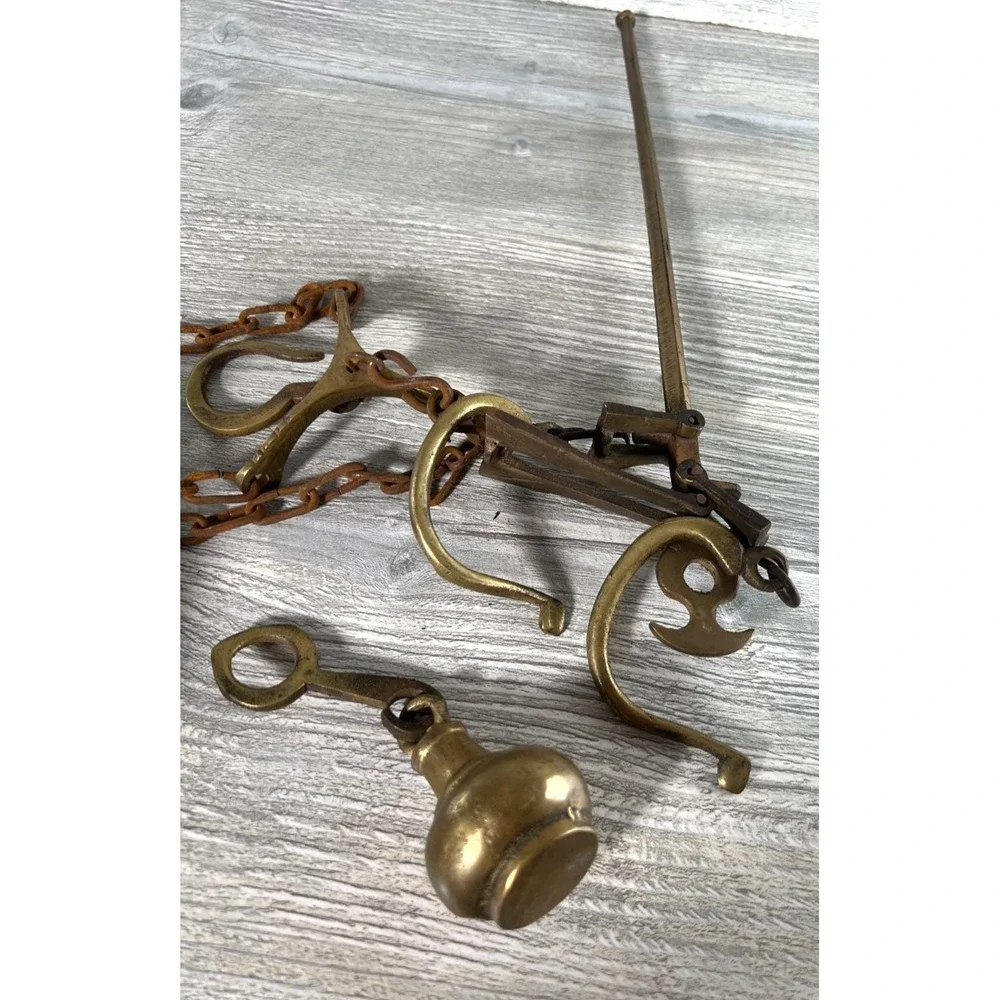 Antique Original Solid Brass Hanging Weighing Beam Balance Scale Chain & Weight